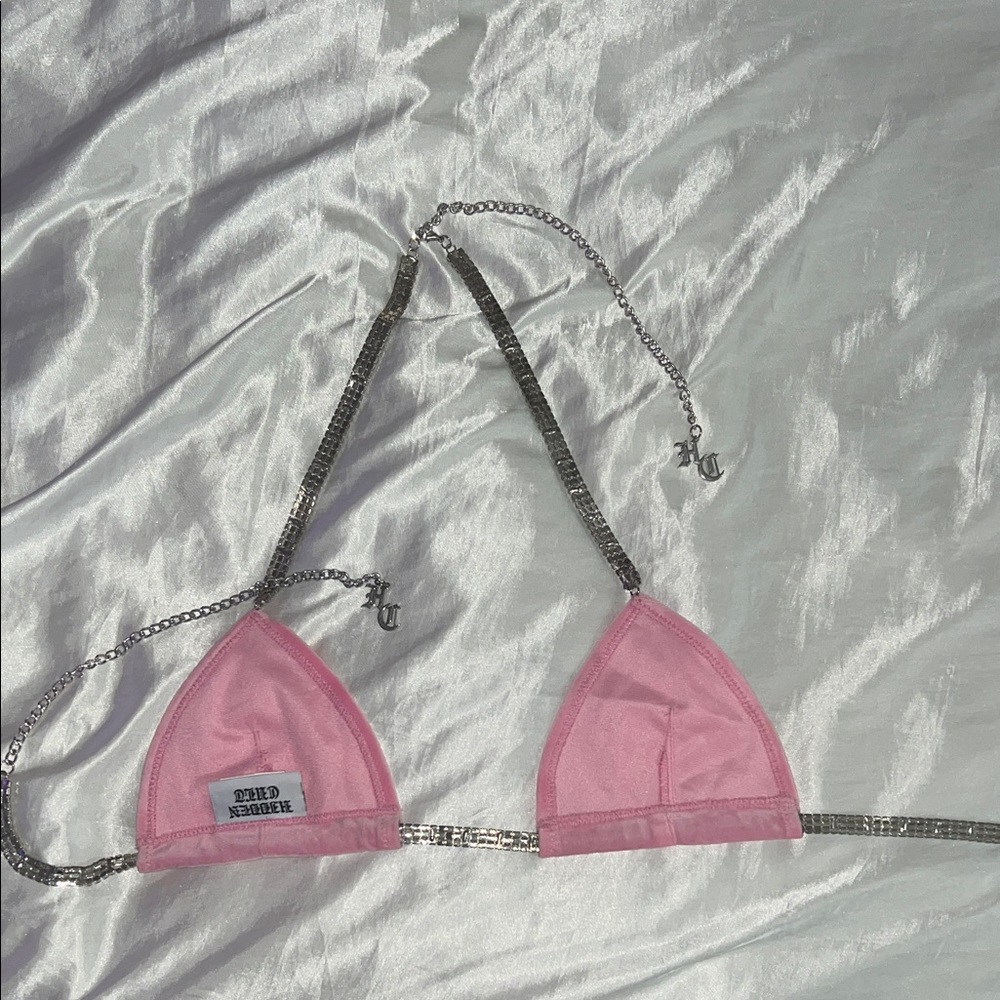 HIDDEN CULT Pink Velvet Crop Top with Rhinestone Straps - Picture 2 of 2